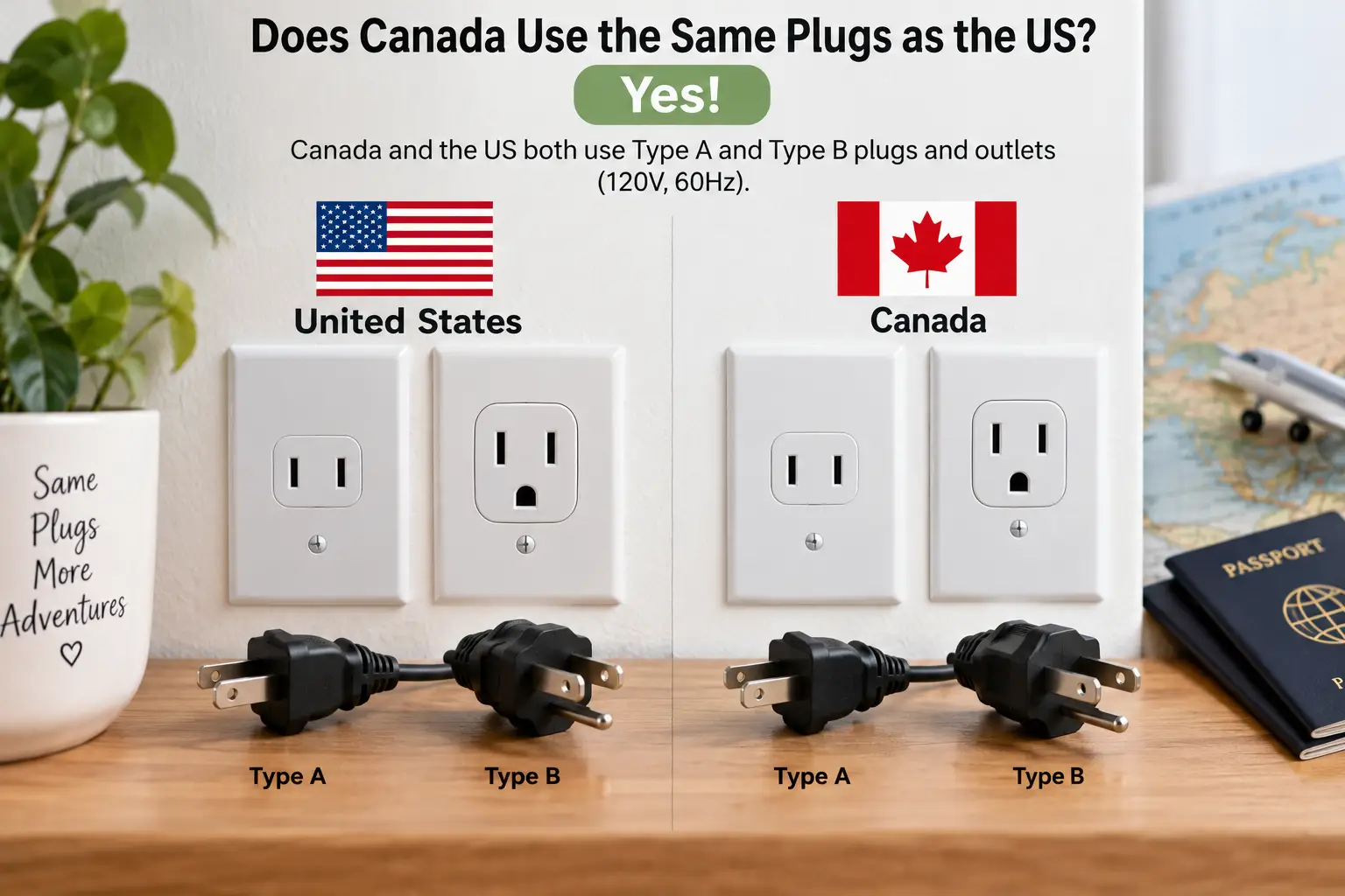 Canada and the US use the same Type A and Type B electrical plugs and outlets