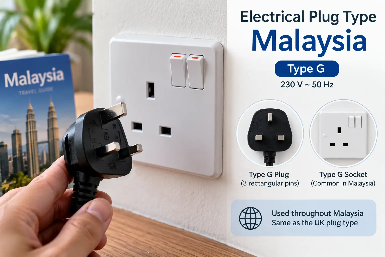Electrical plug type Malaysia showing a Type G three-pin plug and wall socket used in Malaysian homes and hotels