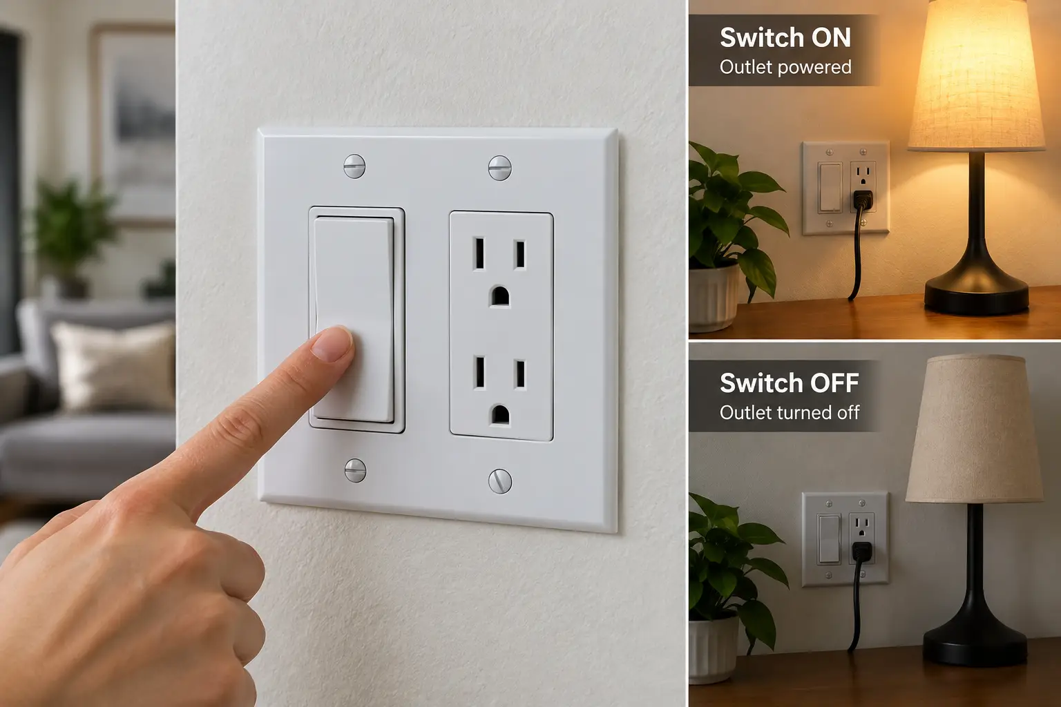 Light switch that controls an outlet with a plugged-in lamp showing how the switch powers the outlet