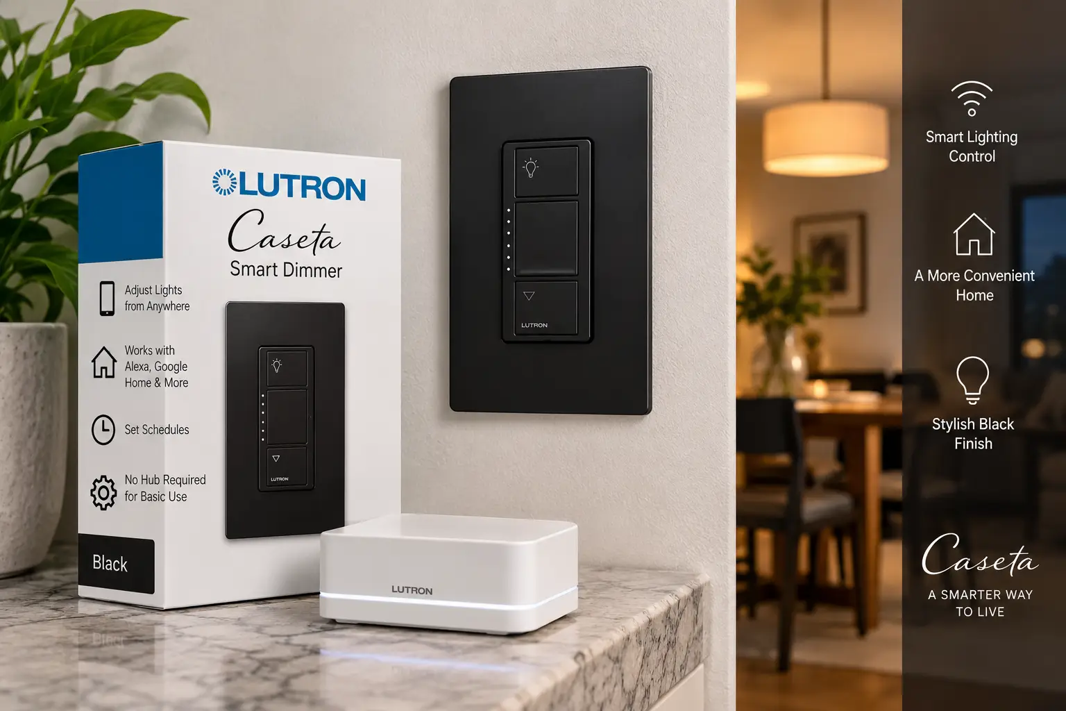 Lutron Caseta black smart dimmer switch with hub and packaging in a modern home