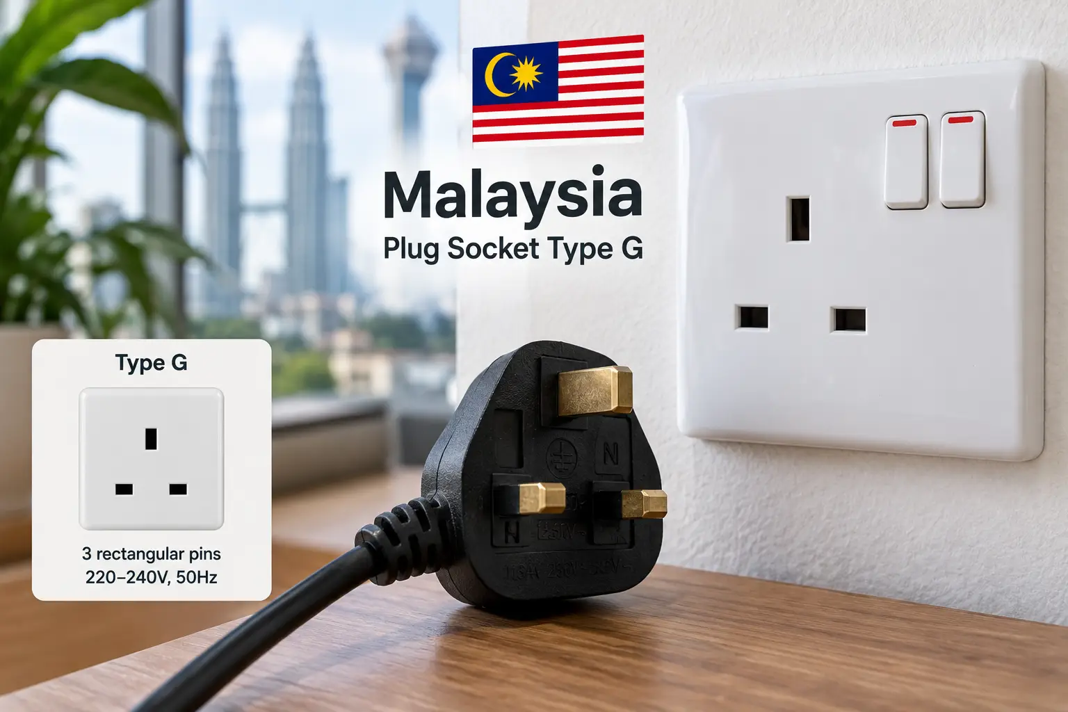 Malaysia plug socket Type G with three rectangular pins and a matching power plug