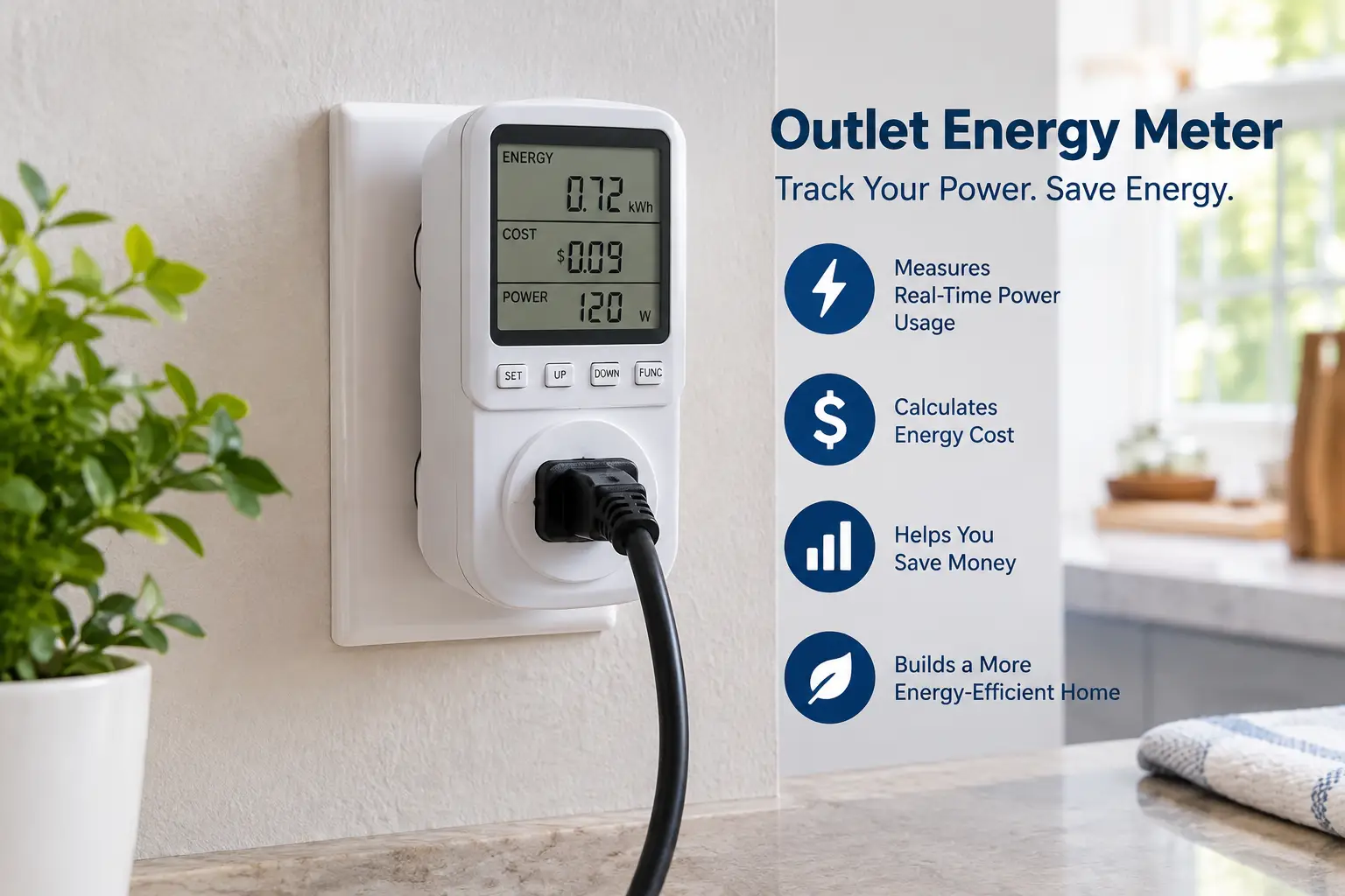 outlet energy meter displaying real-time power usage and energy cost in a modern home
