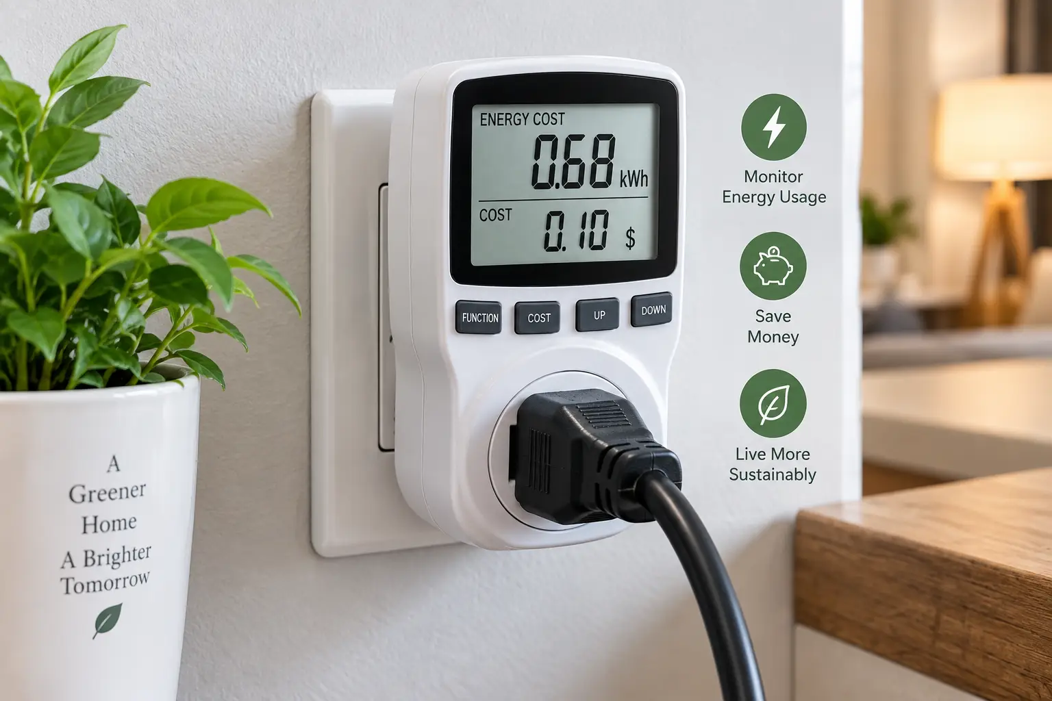 Plug electric meter measuring household energy usage and electricity cost from a wall outlet