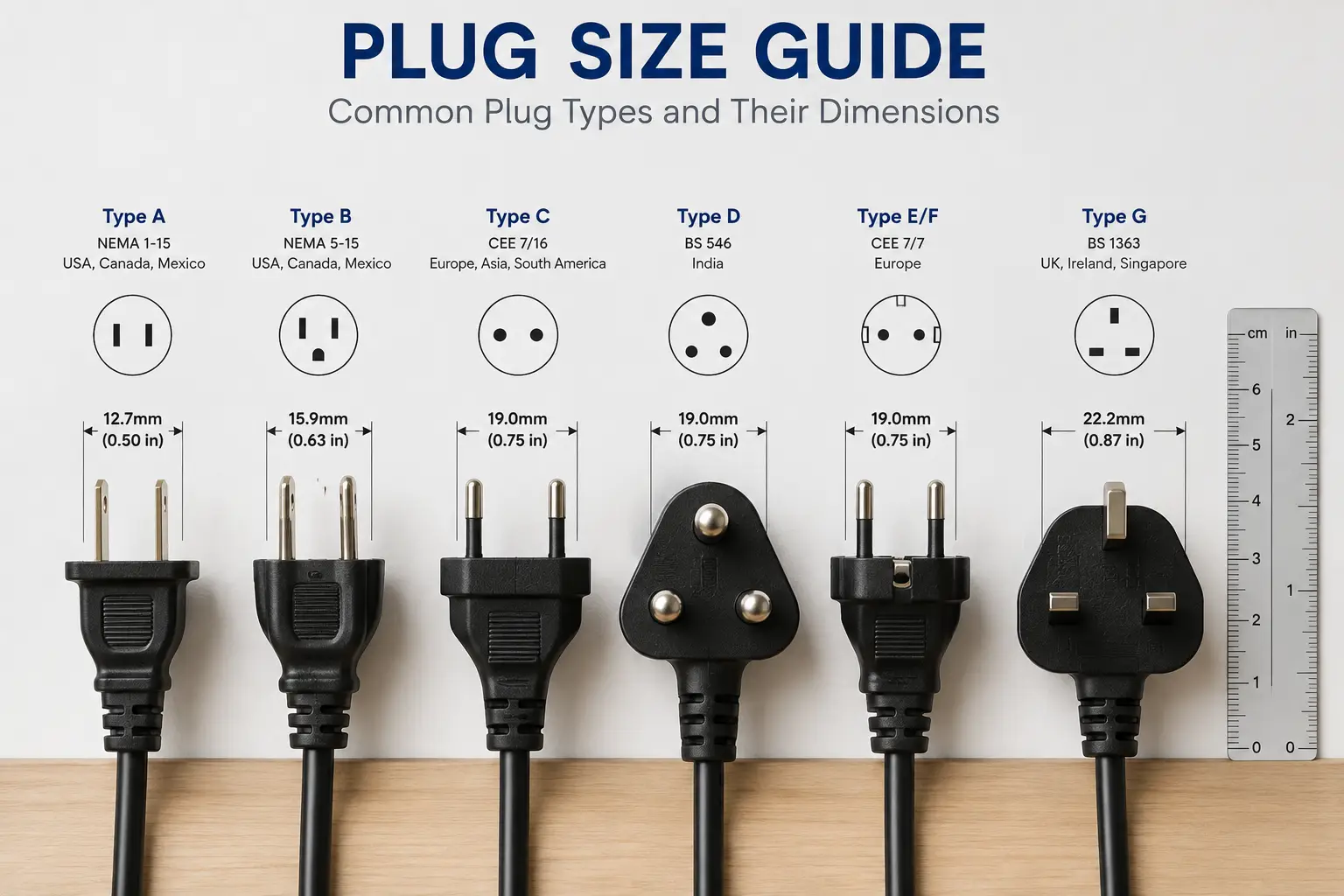 Plug size guide showing common electrical plug types and their dimensions