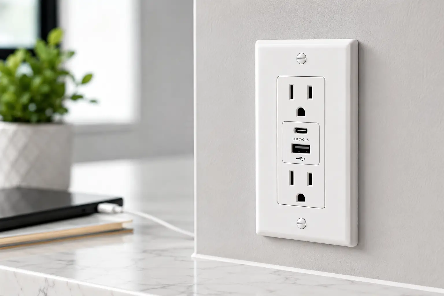 Modern wall receptacle with USB-A and USB-C ports for convenient device charging in a home office.