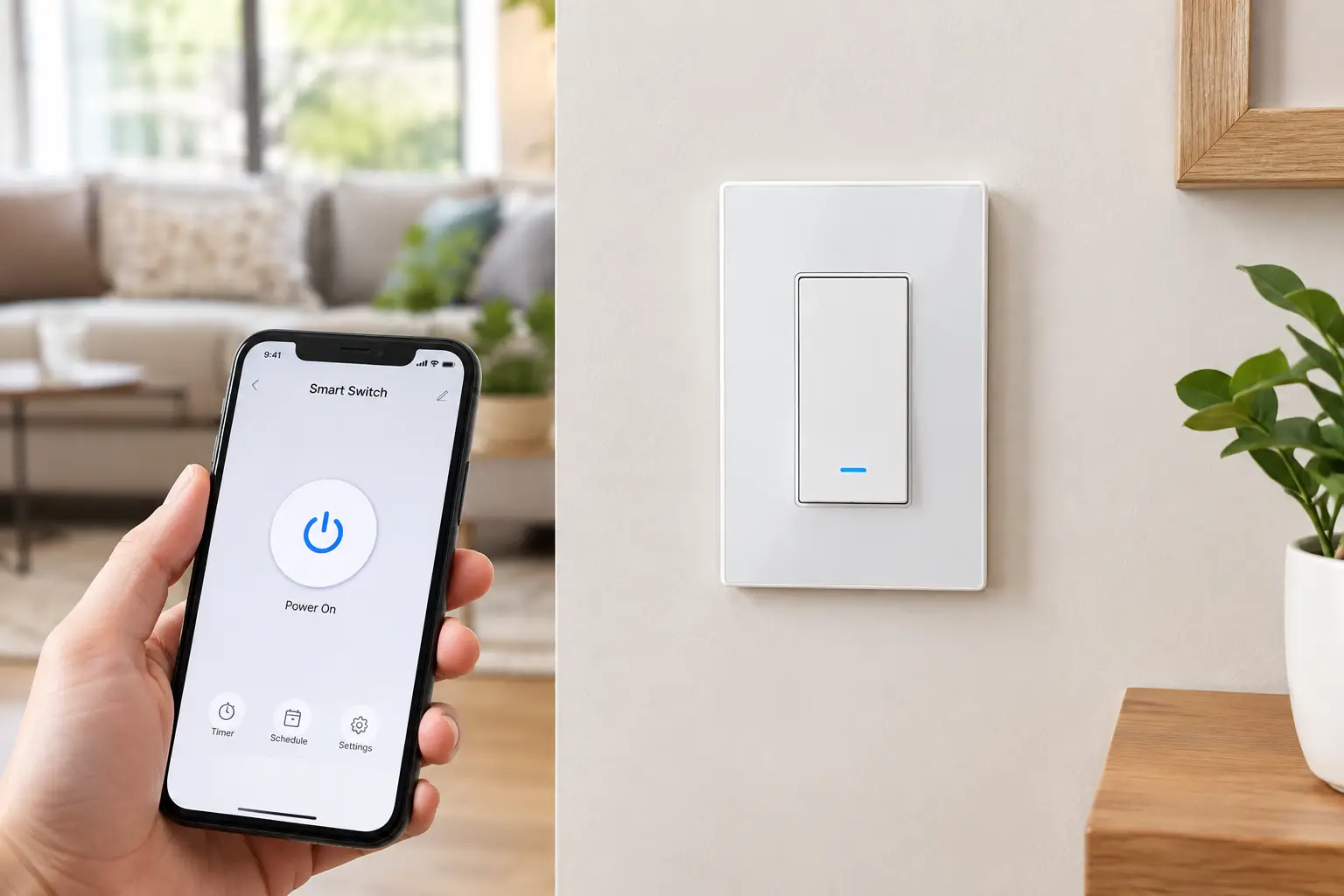 Single pole smart switch on a modern wall with smartphone app control in a contemporary home
