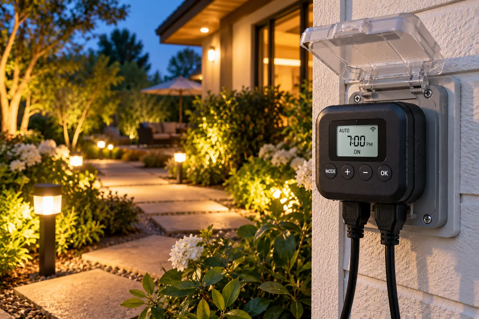 Smart timer for outdoor lights mounted on a wall with a digital display and illuminated garden pathway