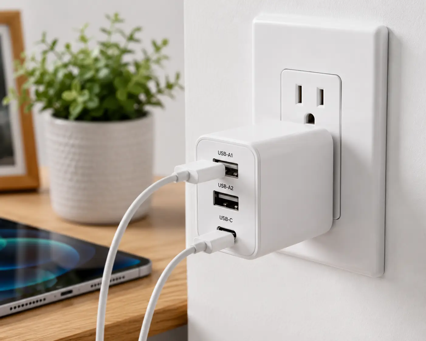 Wall outlet USB power adapter with USB-A and USB-C ports charging devices in a modern home setting.