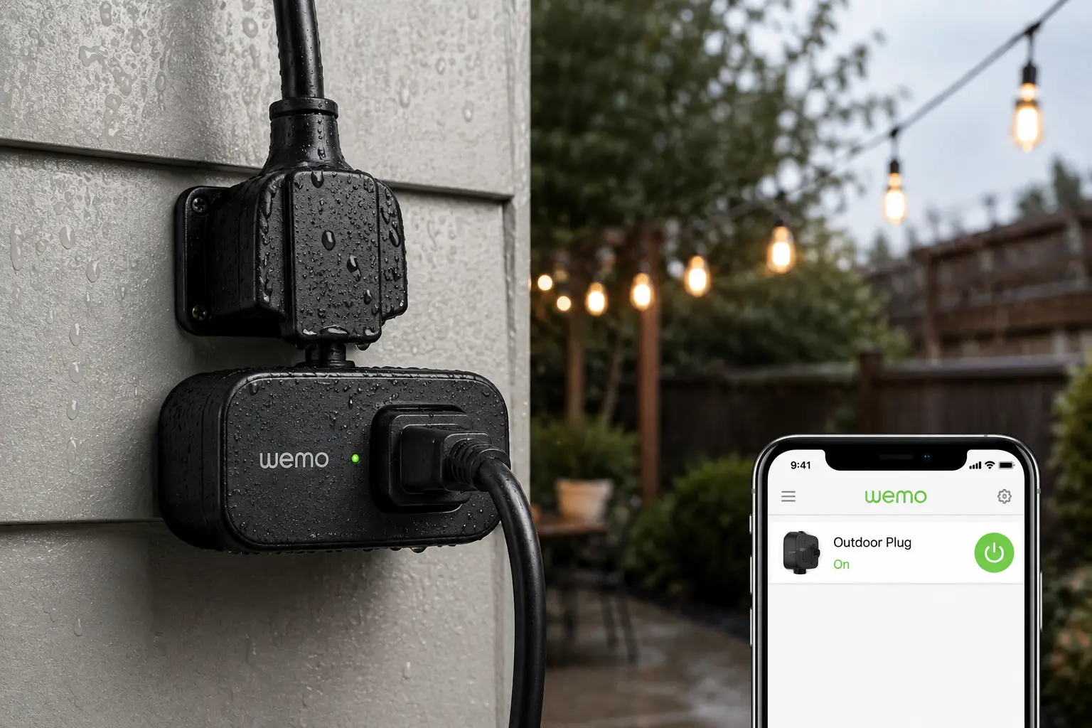 Wemo outdoor smart plug mounted on an exterior wall with a smartphone app controlling outdoor power