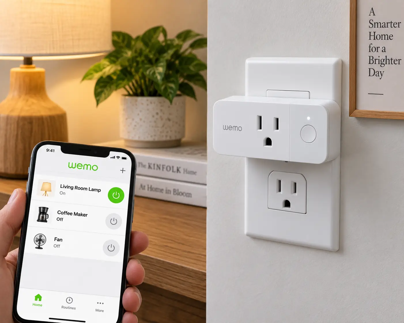 Wemo WiFi smart plug connected to a wall outlet and controlled by a smartphone app