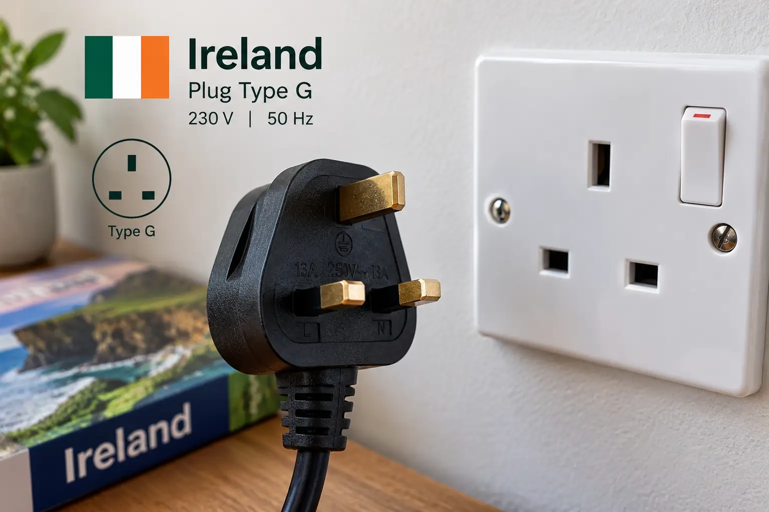Type G three-pin electrical plug and wall socket used in Ireland with 230V 50Hz power