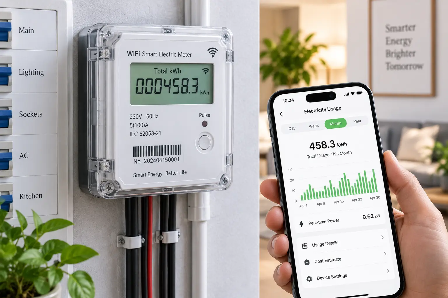 WiFi electric meter displaying energy usage with a smartphone monitoring electricity consumption