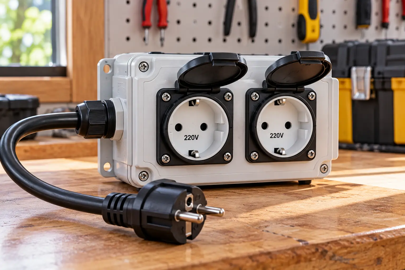 220V dual outlet splitter box with two grounded electrical sockets, protective covers, and a heavy-duty power cable, designed for connecting compatible electrical equipment.