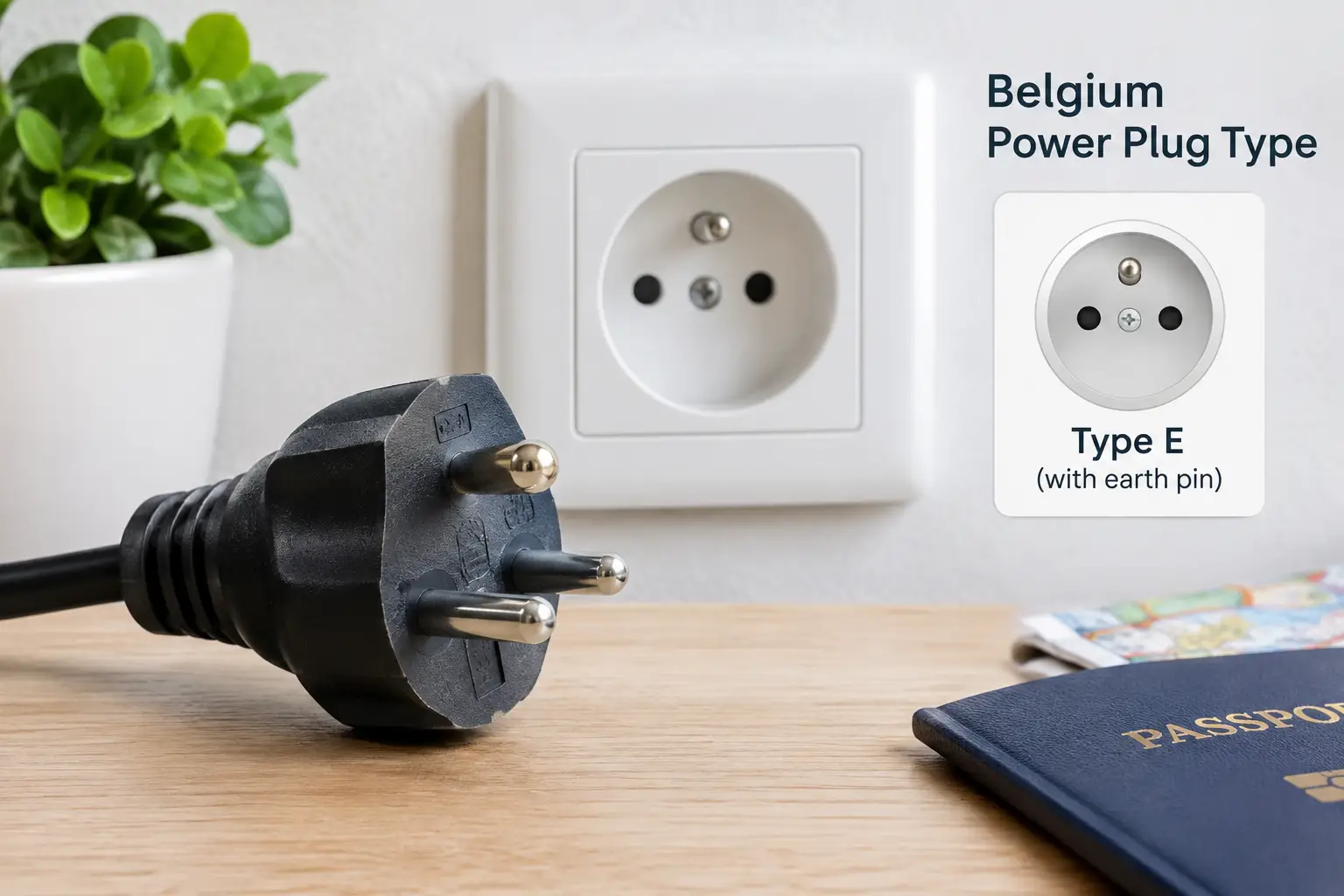 belgium power plug type showing a Type E plug and matching wall socket for travelers