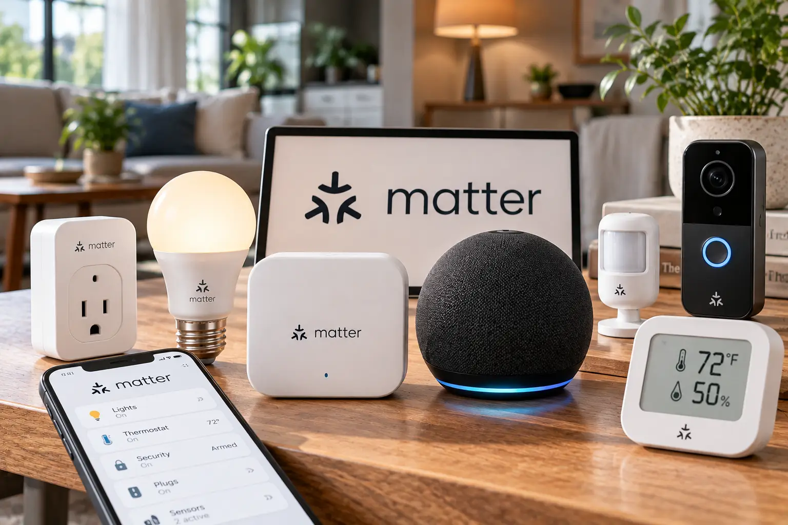 Best Matter devices for a smart home, including a smart plug, connected light bulb, motion sensor, smart speaker, video doorbell, thermostat, and hub displayed on a wooden table.