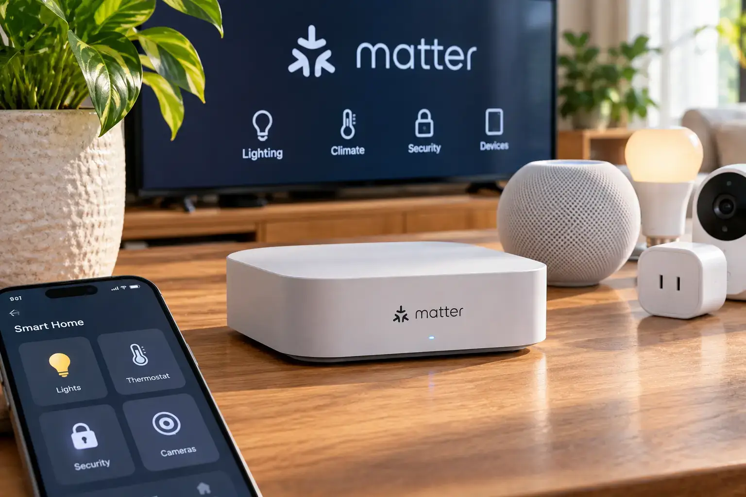 Best Matter hub for smart home automation, featuring a central controller, smartphone app, smart speaker, connected lighting, and security devices in a modern living room.