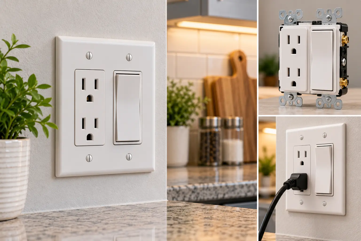 Combo outlet featuring a white duplex electrical receptacle and rocker light switch in a single wall plate, with close-up views of the mounting hardware, wiring terminals, and a plugged-in outlet in a modern kitchen.
