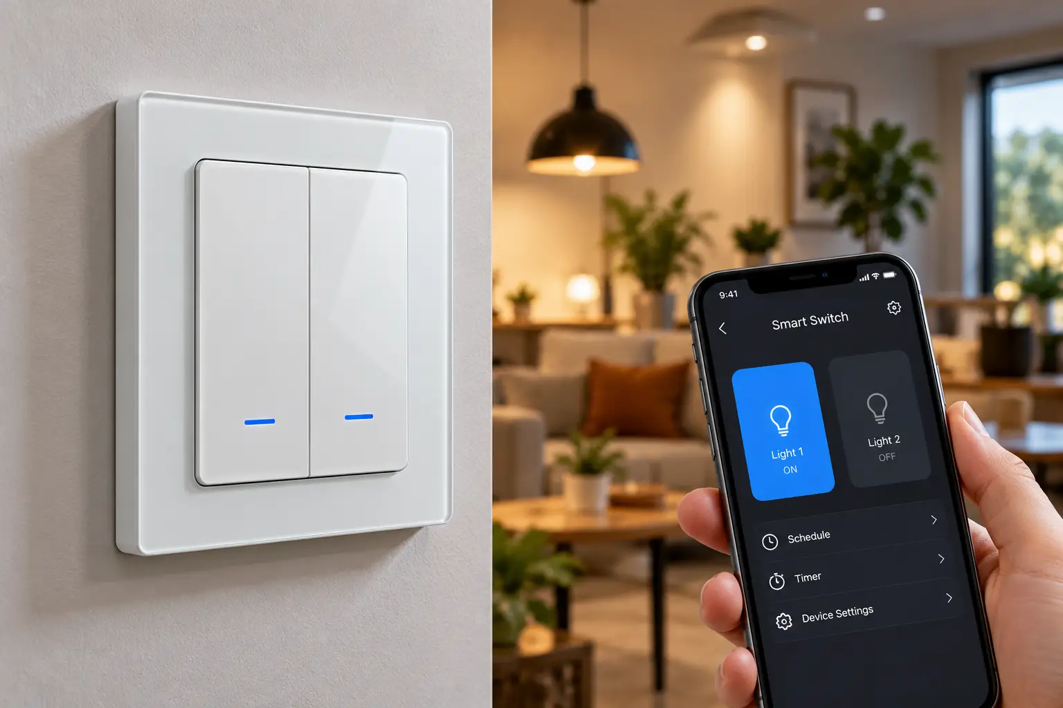 Double pole smart switch featuring a white dual-button wall switch with blue indicator lights, paired with a smartphone app for remotely controlling two lighting circuits in a modern living room.