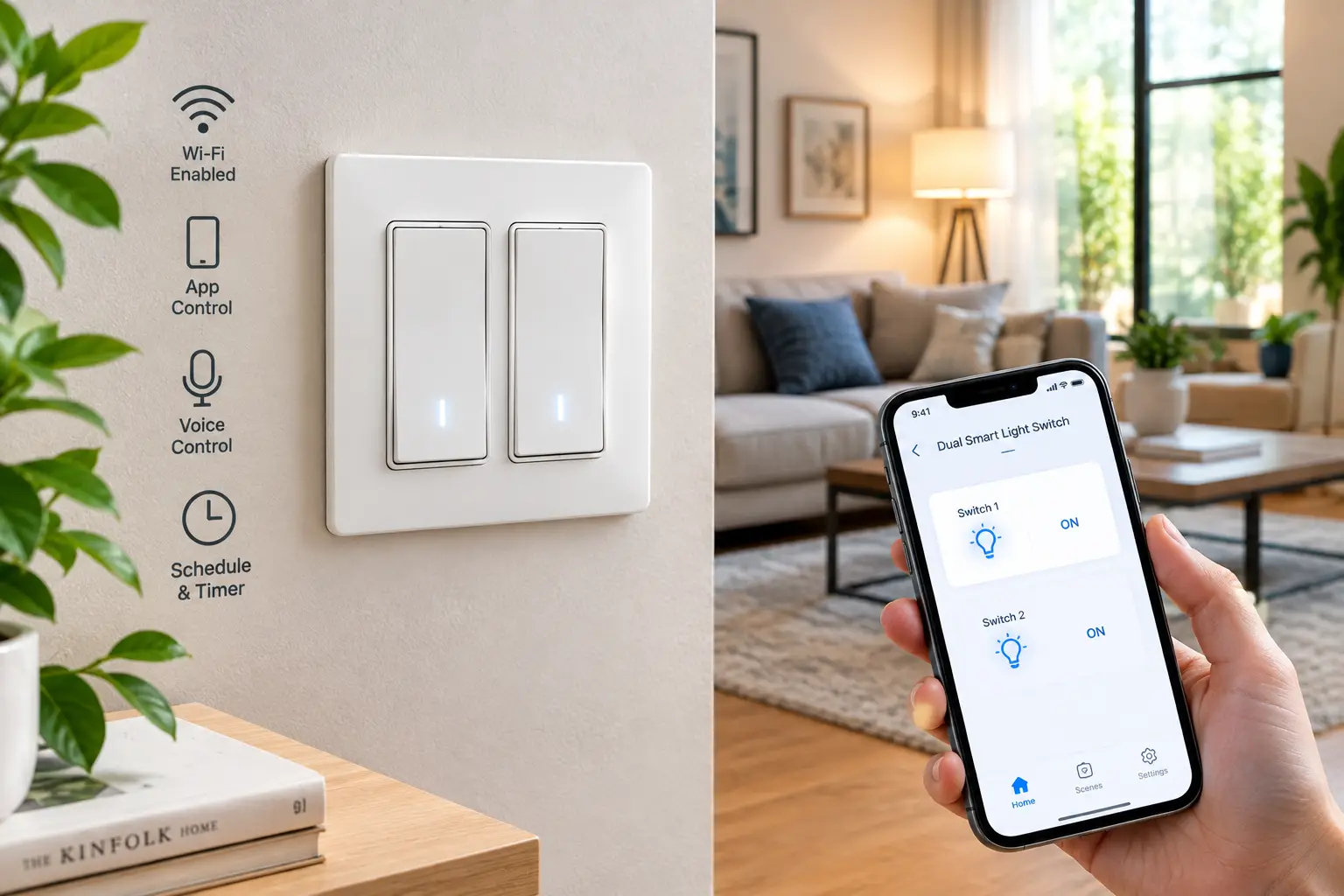Dual smart light switch with two independent controls and smartphone app for convenient wireless lighting control