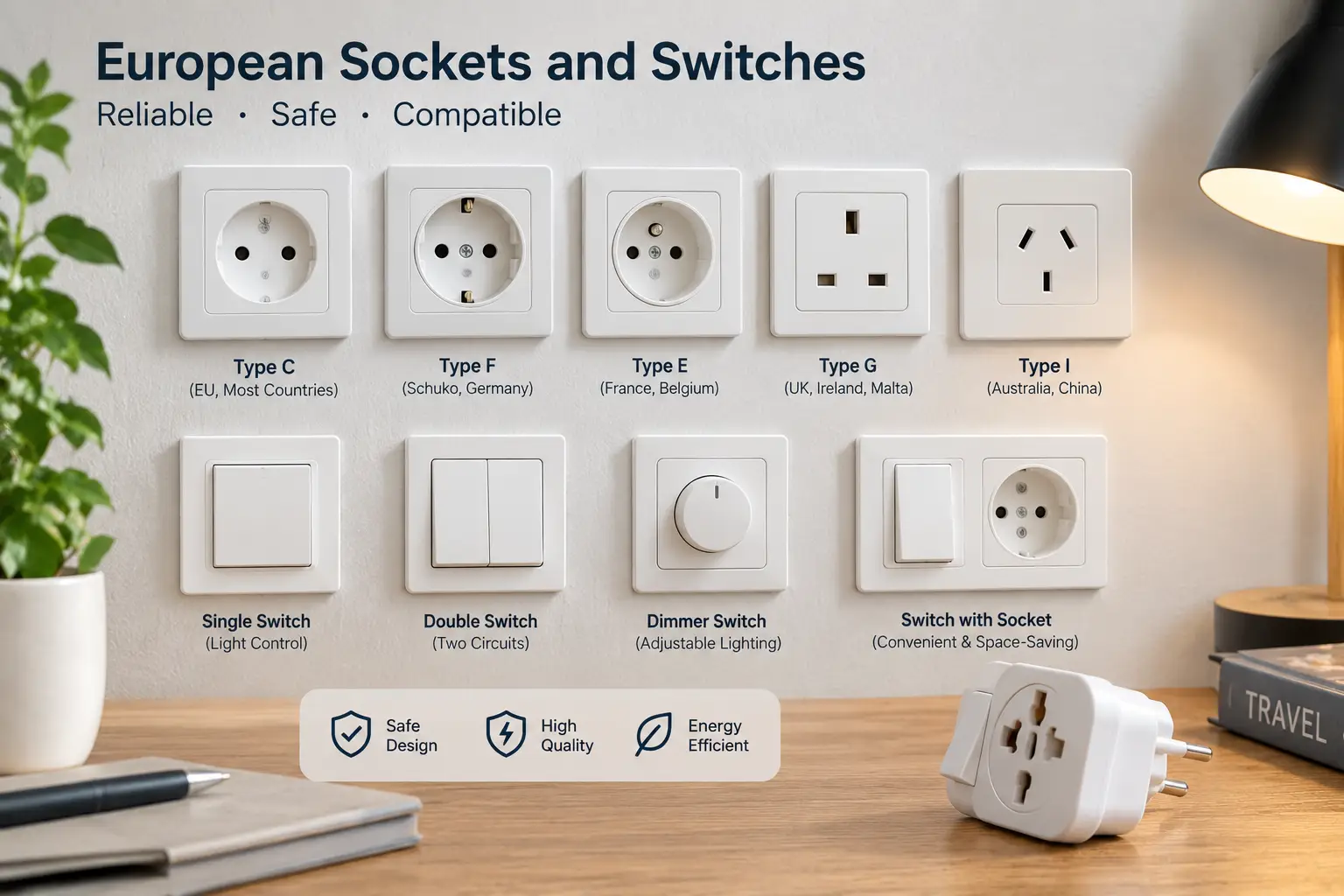 European sockets and switches displayed with common outlet types and modern electrical controls for home use