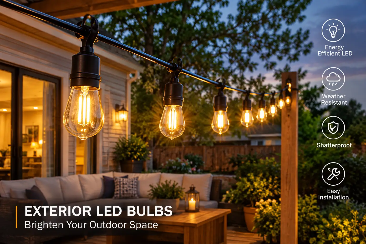 Exterior LED bulbs providing warm outdoor lighting along a backyard pergola and patio seating area