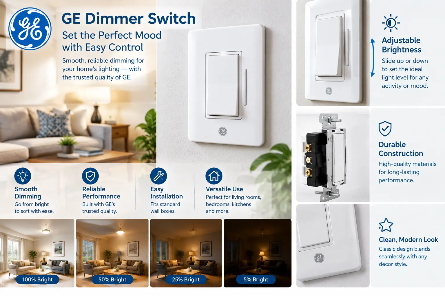 GE dimmer switch with adjustable brightness control, smooth dimming, and a clean white design for flexible home lighting.