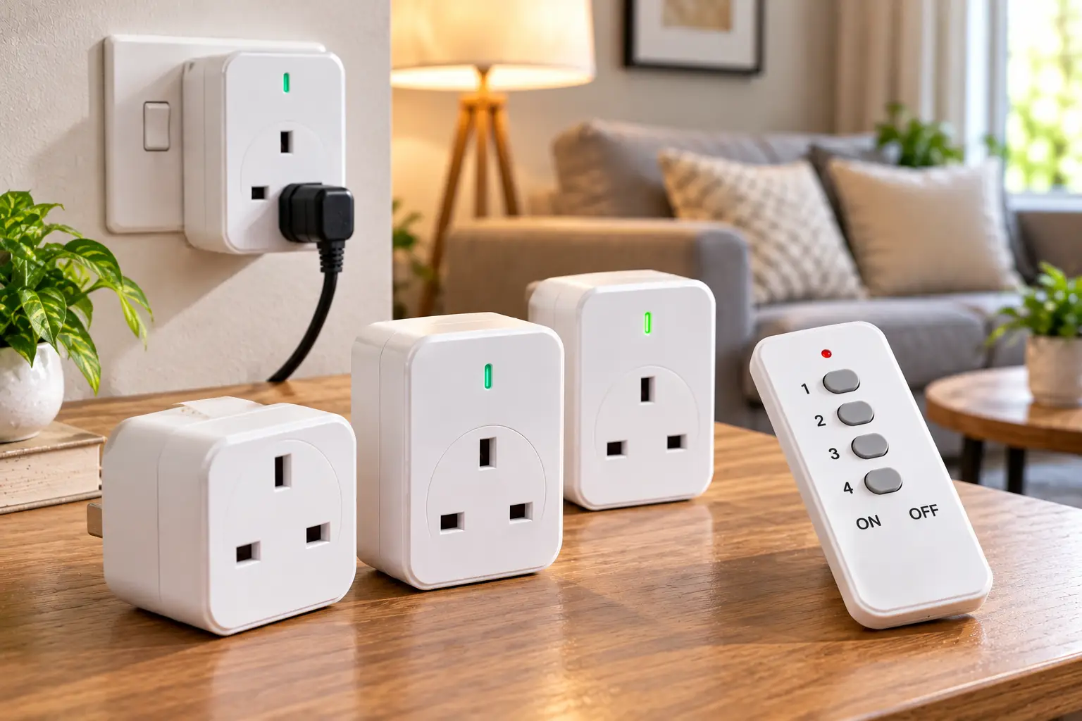 Indoor outlet remote control featuring white wireless outlet adapters with green indicator lights and a handheld remote with numbered buttons and ON/OFF controls, displayed on a wooden table in a bright, modern living room for convenient control of household appliances.