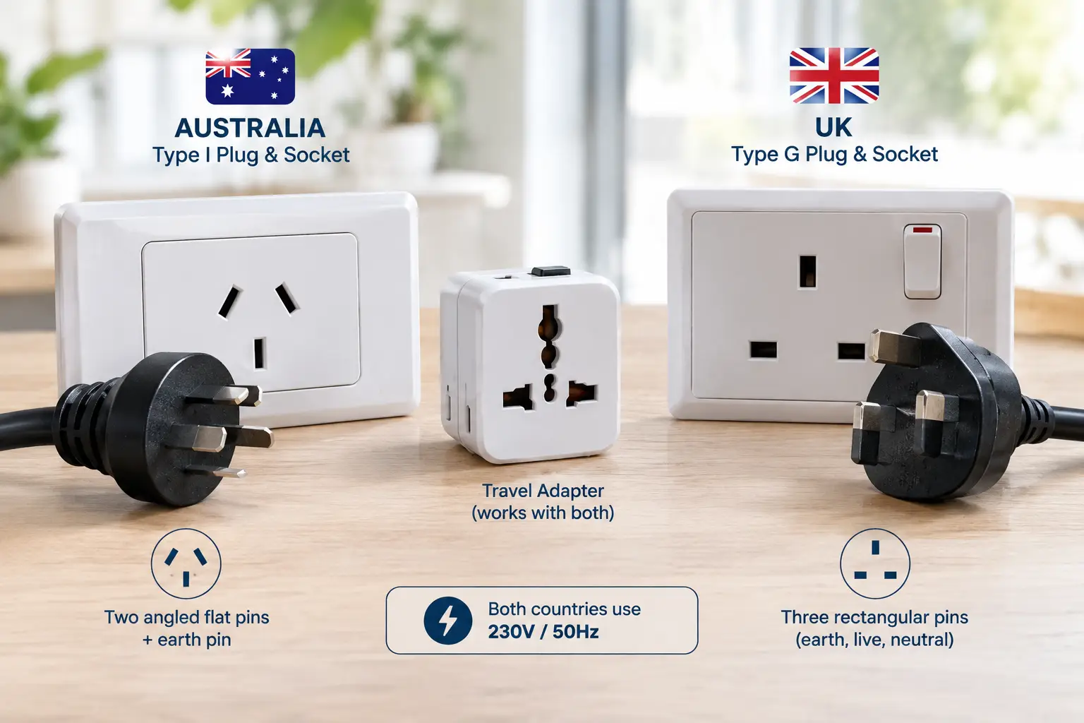 Is Australia plug same as UK comparison showing the Australian Type I plug and UK Type G plug with a travel adapter, highlighting their different shapes and shared 230V/50Hz electrical supply.