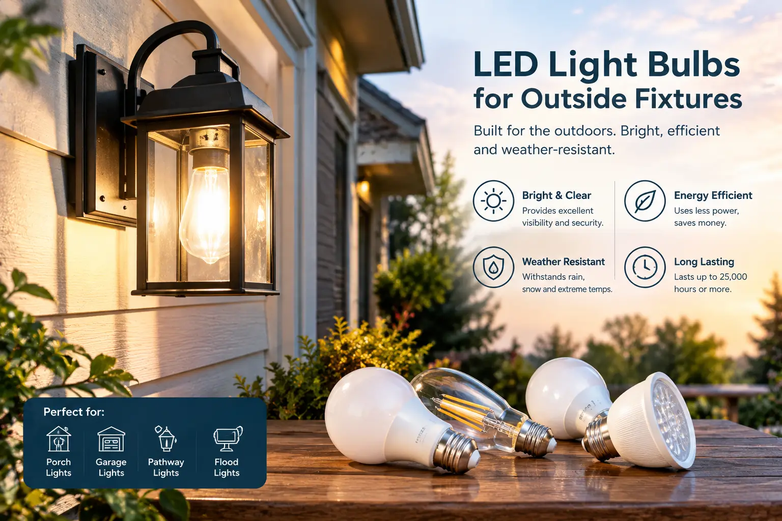LED light bulbs for outside fixtures displayed beside a glowing outdoor wall lantern, highlighting weather resistance, energy efficiency, and long-lasting illumination for porches, garages, and pathways.