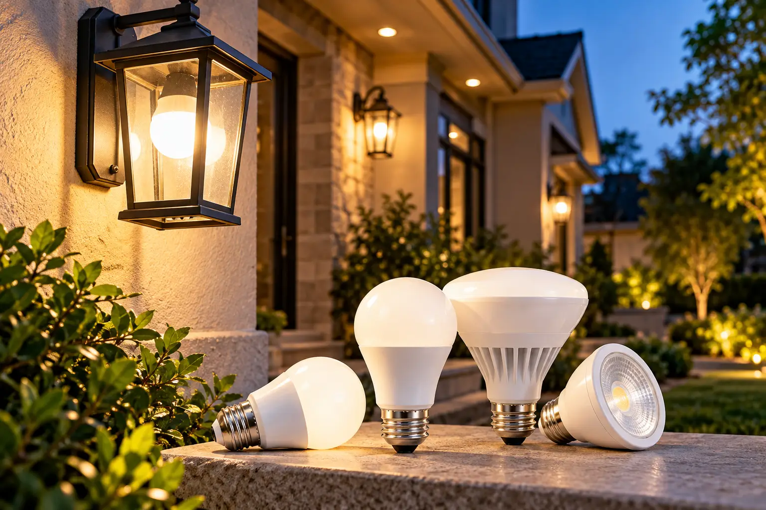 LED light bulbs for outdoor fixtures displayed beside a modern home with warm glowing exterior wall lanterns and porch lighting at dusk.
