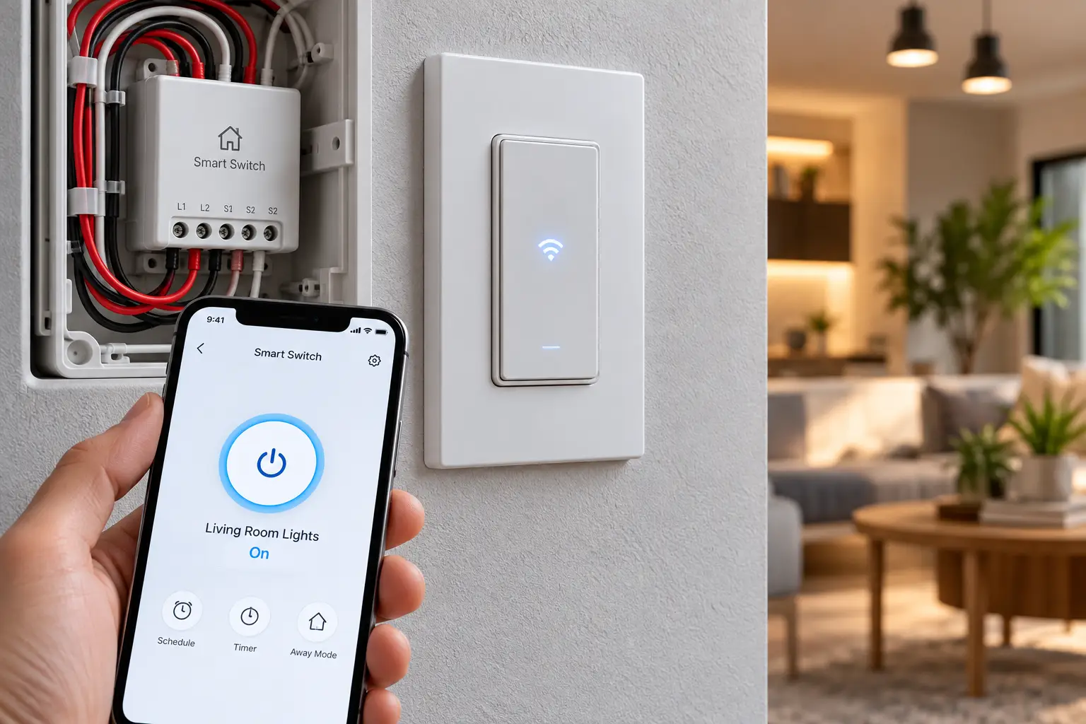 Low voltage smart switch mounted on a wall with a smartphone app for controlling living room lights and a connected wiring module in a modern home.