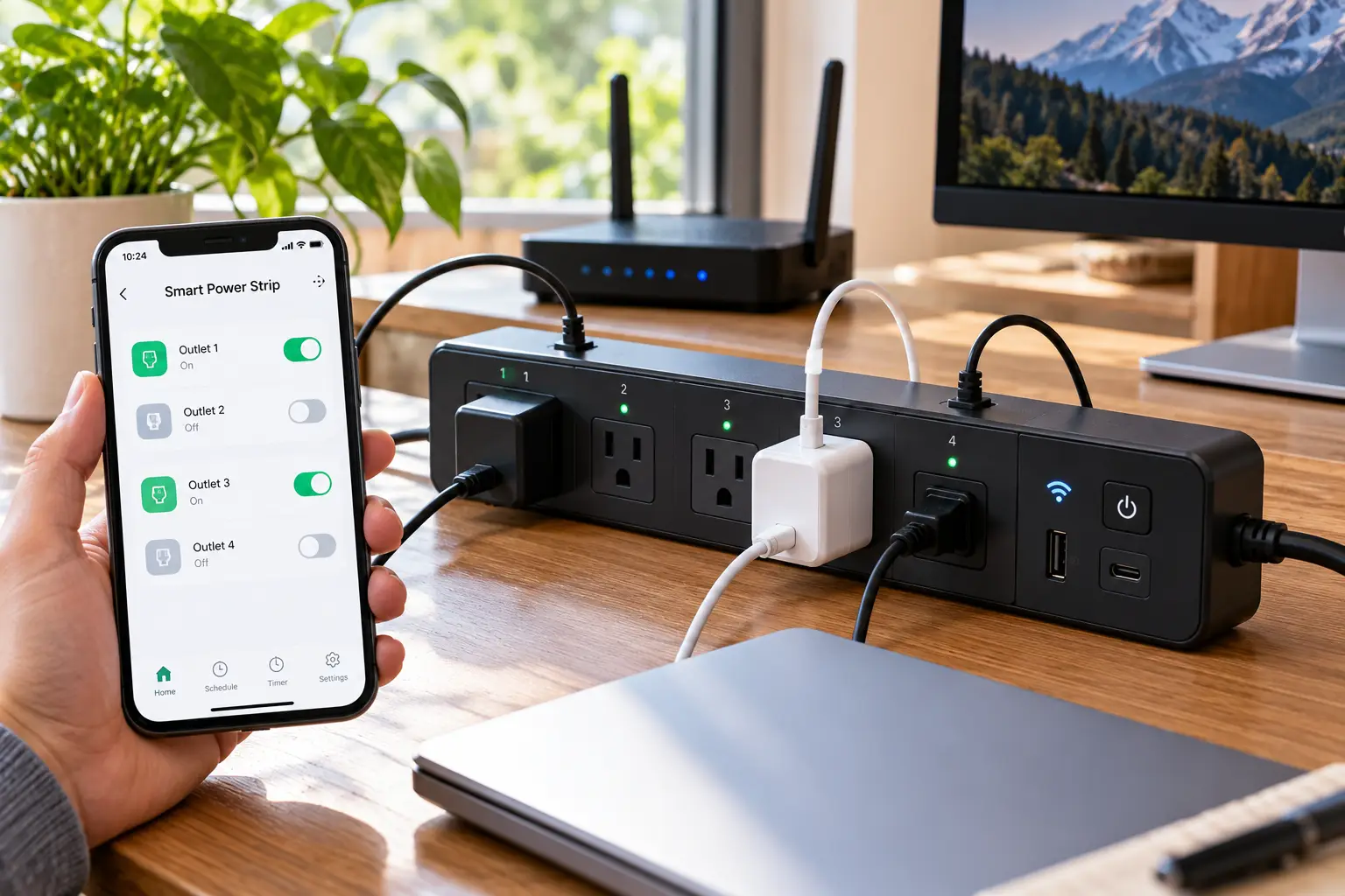 Network controlled power strip featuring a black smart power bar with multiple outlets, USB ports, indicator lights, and connected devices, controlled through a smartphone app that lets users switch individual outlets on or off in a modern home office.