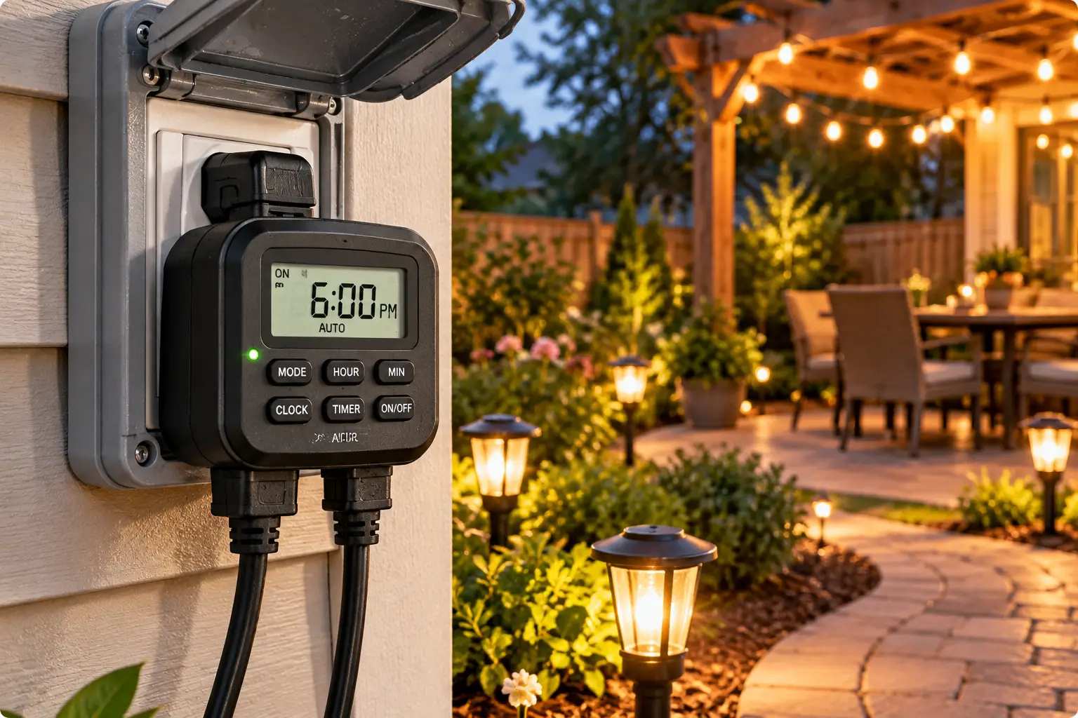 Outdoor digital timer for lights featuring a weatherproof black timer plugged into an exterior outlet, with an LCD display and automatic scheduling controls for patio string lights and garden lighting at dusk.