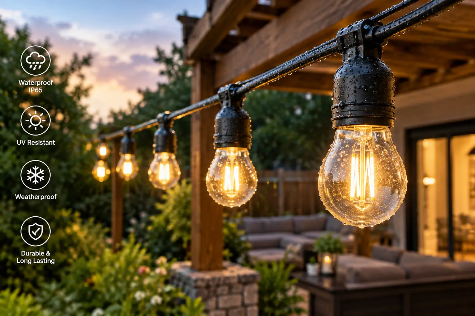 Outdoor rated light bulbs with weather-resistant Edison-style glass designs illuminating a backyard patio with warm light at dusk