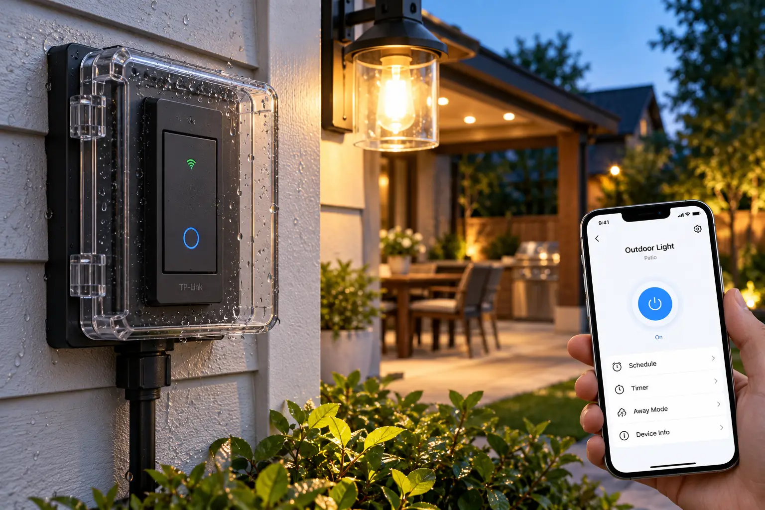 Outdoor smart light switch in a weatherproof protective cover mounted on an exterior wall, with a smartphone app controlling warm patio lighting and allowing convenient scheduling of outdoor lights.