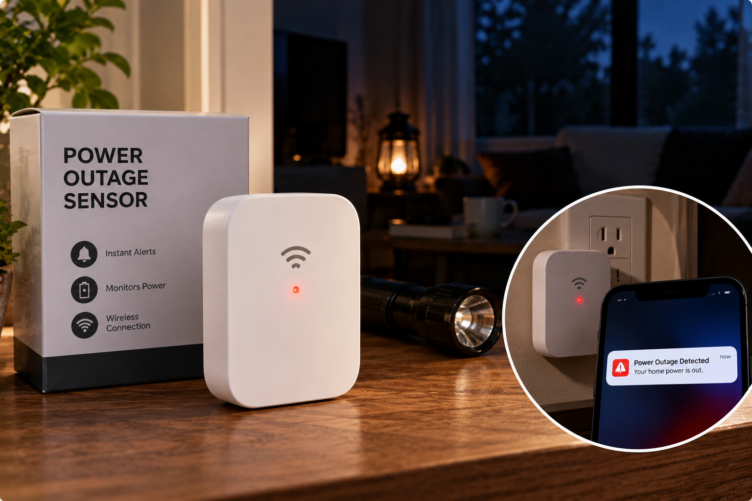 Power outage sensor featuring a compact white wireless monitoring device with a red LED indicator, displayed beside its packaging and a smartphone showing a power failure alert in a dimly lit living room.