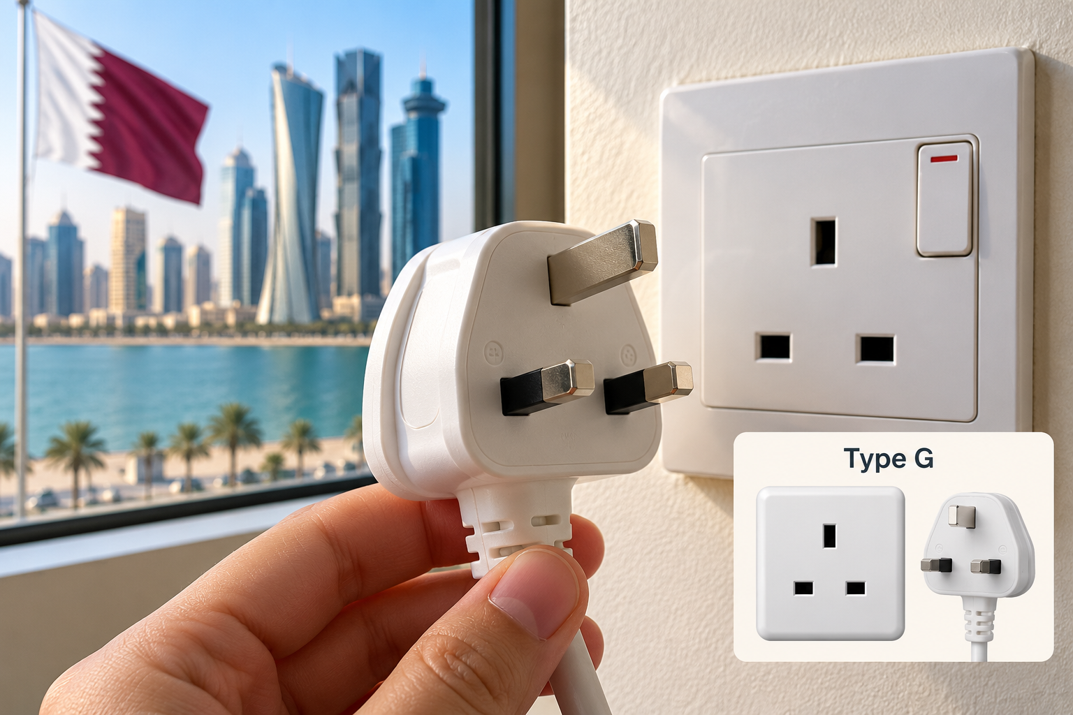 Qatar electrical plug type G with a three-pin plug and matching wall socket in a modern Doha apartment.