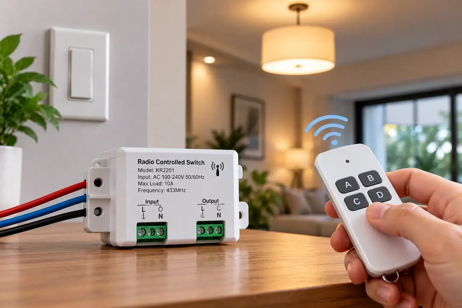 Radio controlled switch featuring a wireless receiver module with electrical terminals and a handheld remote with four control buttons, designed to operate household lighting remotely in a modern living room.