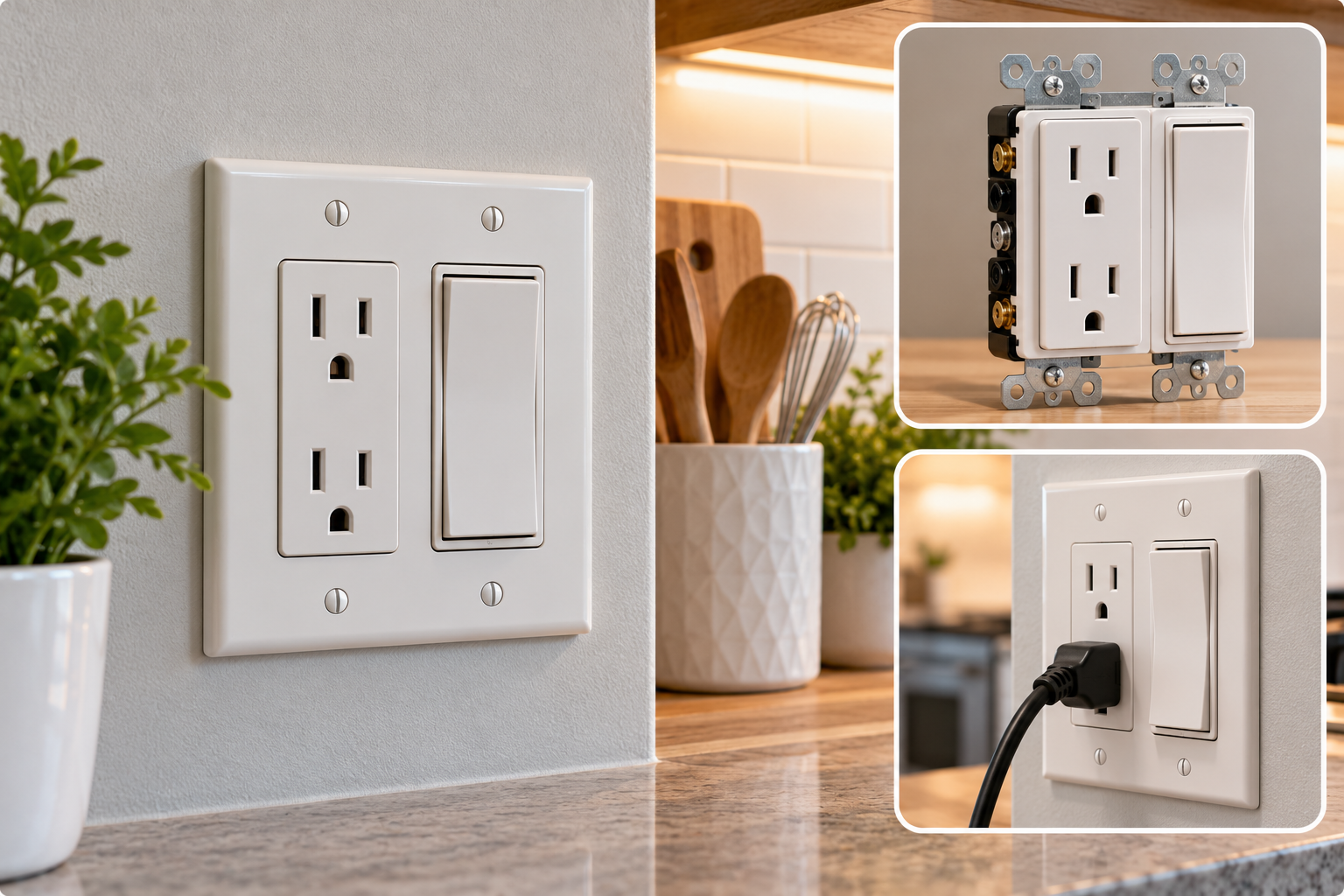 Receptacle switch featuring a white combination electrical outlet and rocker light switch on a modern kitchen wall, with close-up views of the metal mounting bracket, wiring terminals, and a plugged-in outlet.