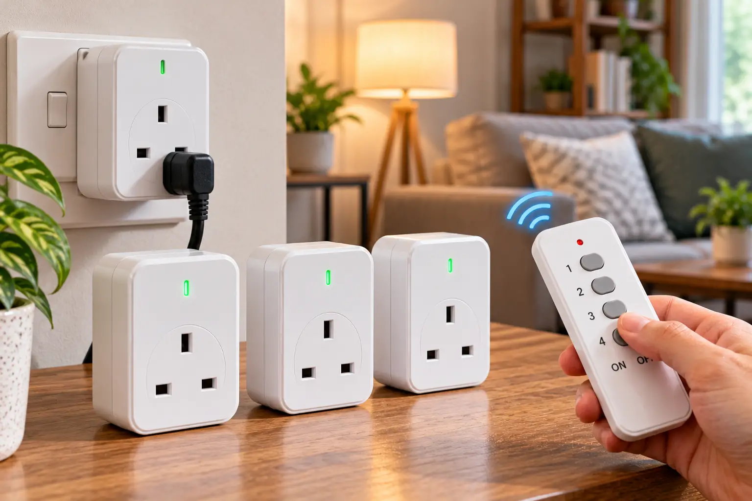 Remote control mains socket featuring white wireless plug adapters and a handheld remote with numbered buttons and ON/OFF controls, allowing users to switch household appliances on and off conveniently in a modern living room.