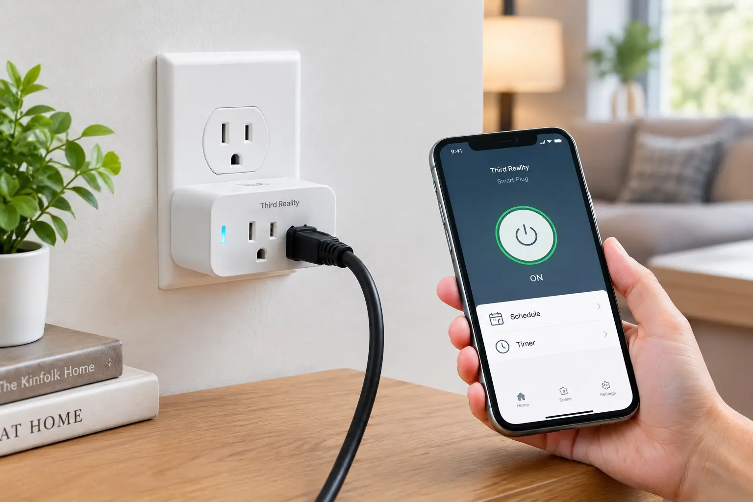 Third Reality smart plug connected to a wall outlet and controlled through a smartphone for convenient smart home power management.